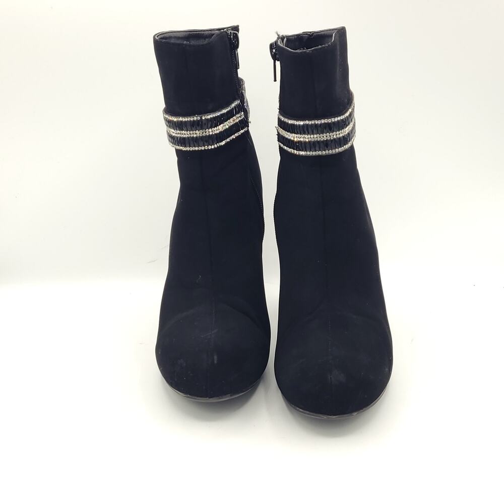 Madeline Stuart black suede heels ankle booties rhinestone strap women's size 8 - Picture 7 of 9